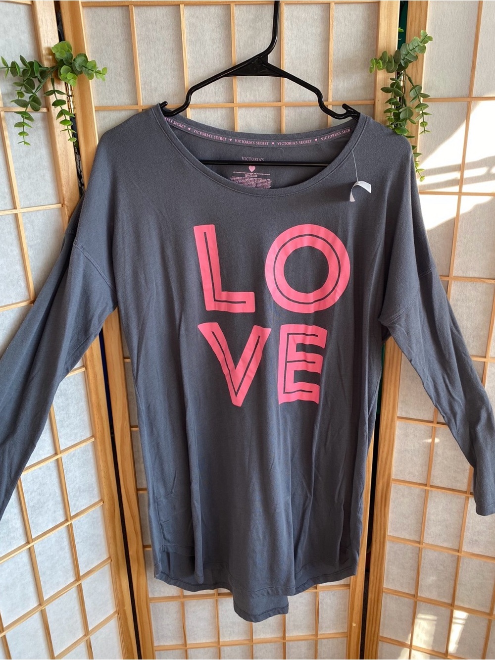 Victoria's Secret Charcoal Gray Long-Sleeve Top with Pink LOVE Graphic